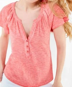 Budget 🛒 Nic + Zoe Flutter Sleeve Henley in Guava for 👩 women 🤩