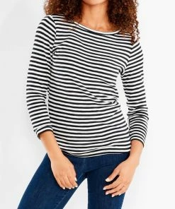 Best deal 🛒 Nic + Zoe Striped Bracelet Sleeve Boat Tee in Black/White Stripe for 👩 women 🤩