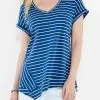 Brand new ✔️ Nic + Zoe Striped Short Sleeve V Neck Asymmetrical Tee in Blue Multi for 👩 women 👏