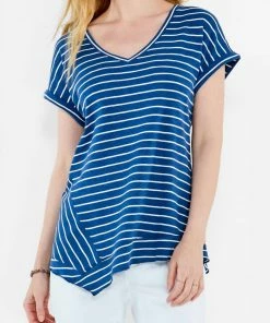 Brand new ✔️ Nic + Zoe Striped Short Sleeve V Neck Asymmetrical Tee in Blue Multi for 👩 women 👏