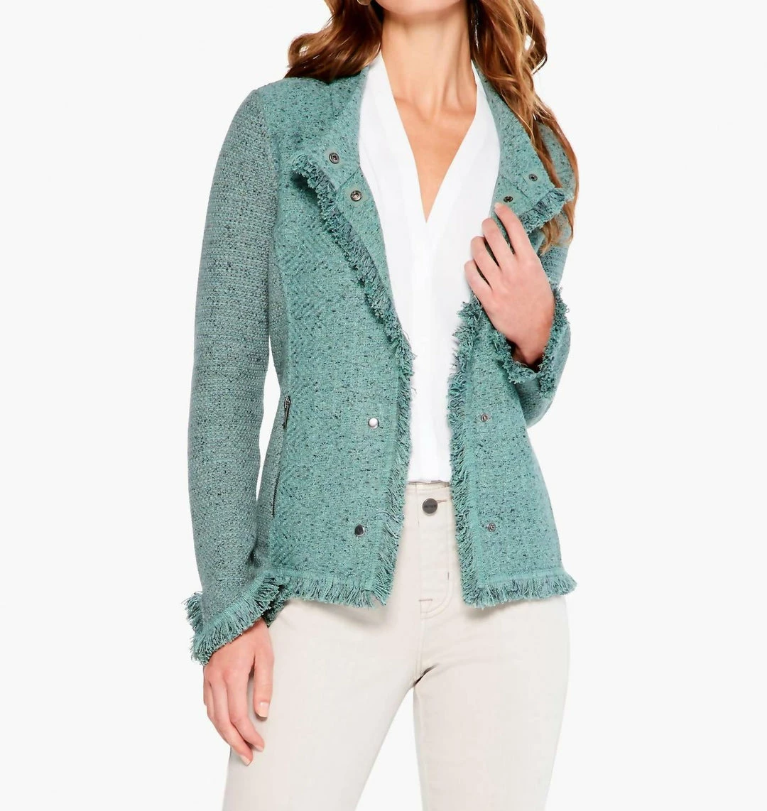 Best deal ๐ Nic + Zoe Collared Fringe Mix Jacket in Juniper for ๐ฉ women ๐